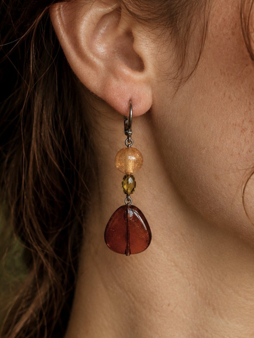 Amber Glass Dangle Earrings – Mid Century Modern, Retro Earrings, Abstract
